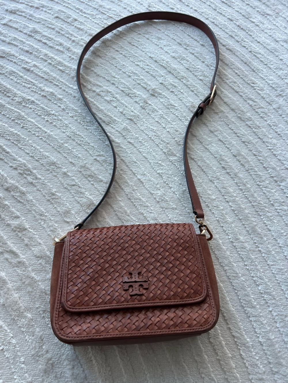 Tory Burch Brown Woven Leather Crossbody with Gold Logo